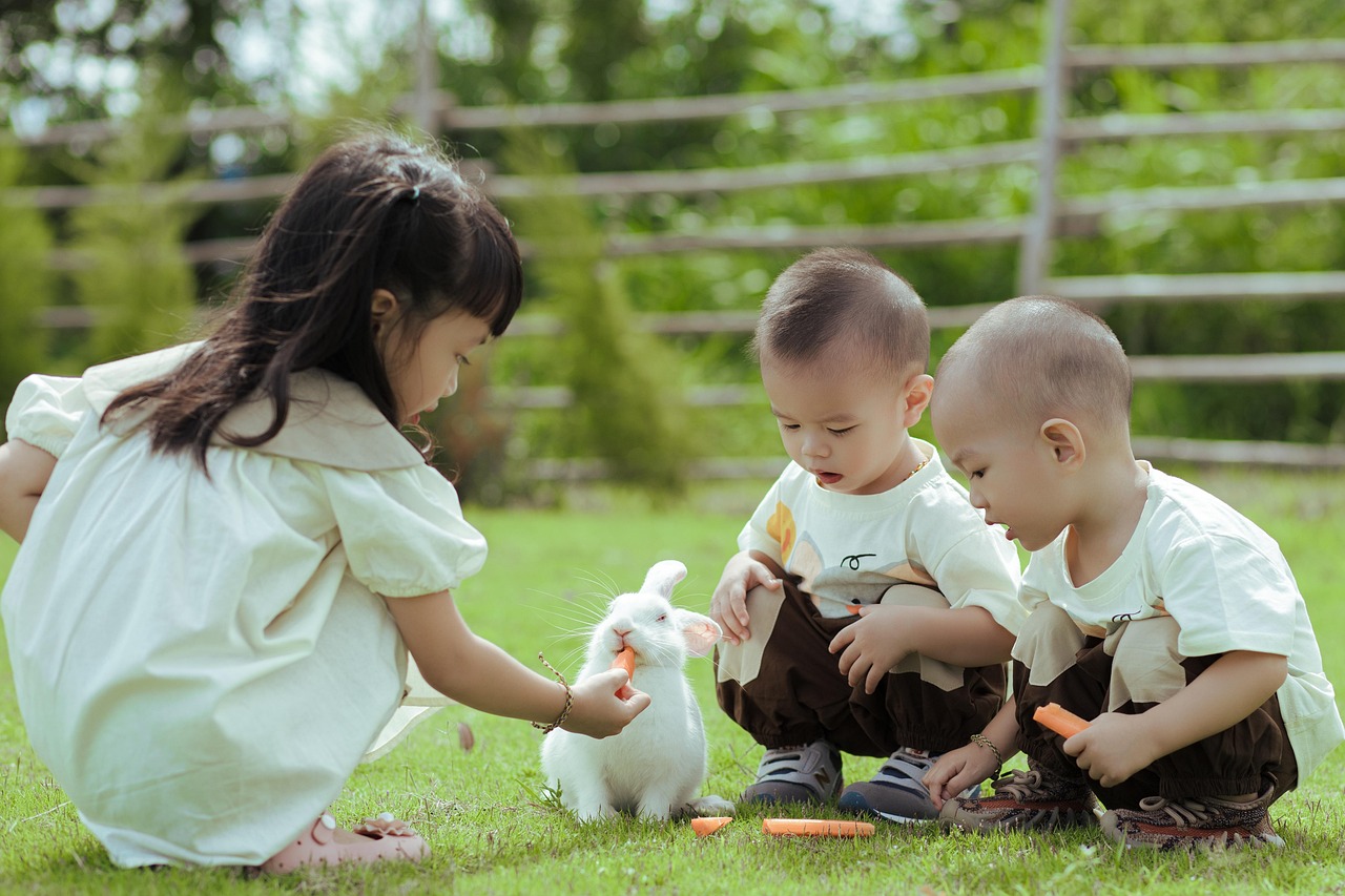 Kids playing with rabbits as describing to Proper bedding in a rabbit cage 